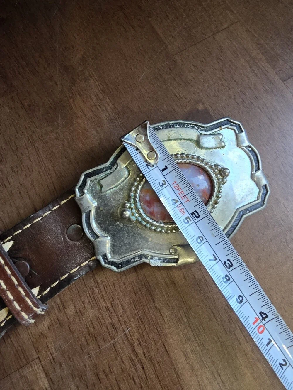 Vintage Nocona Hand Tooled Leather Western Belt Size 38 Buckstitch Agate Buckle